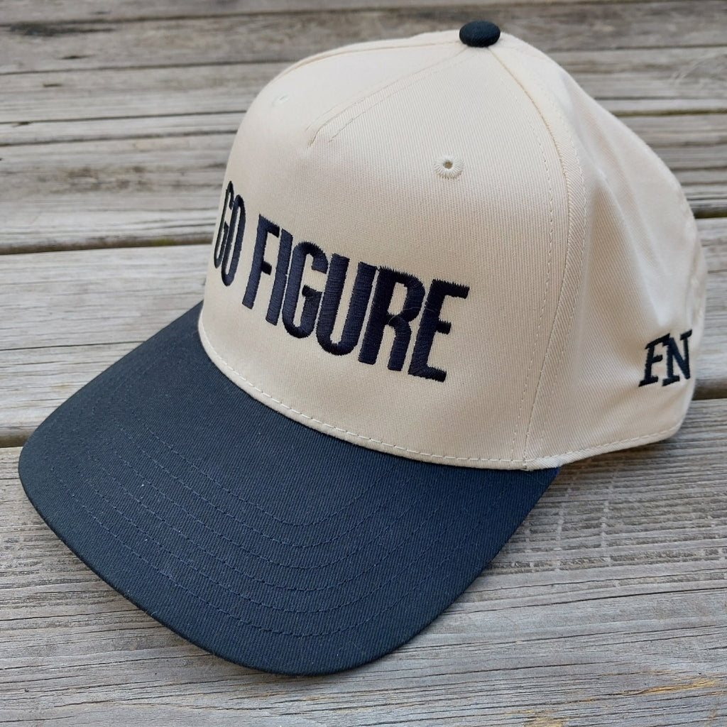 embroidered on two-tone structured 5-panel hat, angle view
