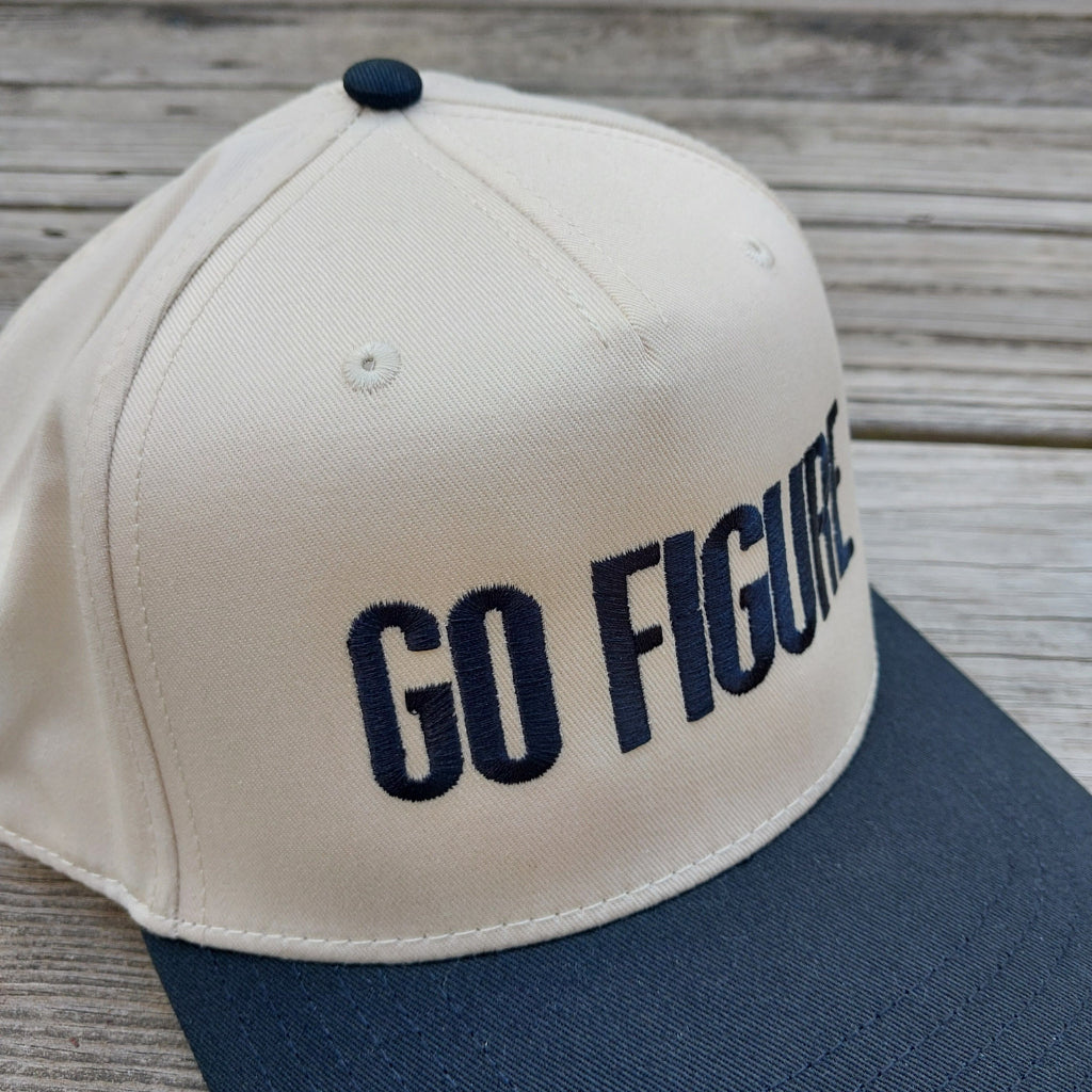 Go Figure embroidered on two-tone structured 5-panel hat, detail view