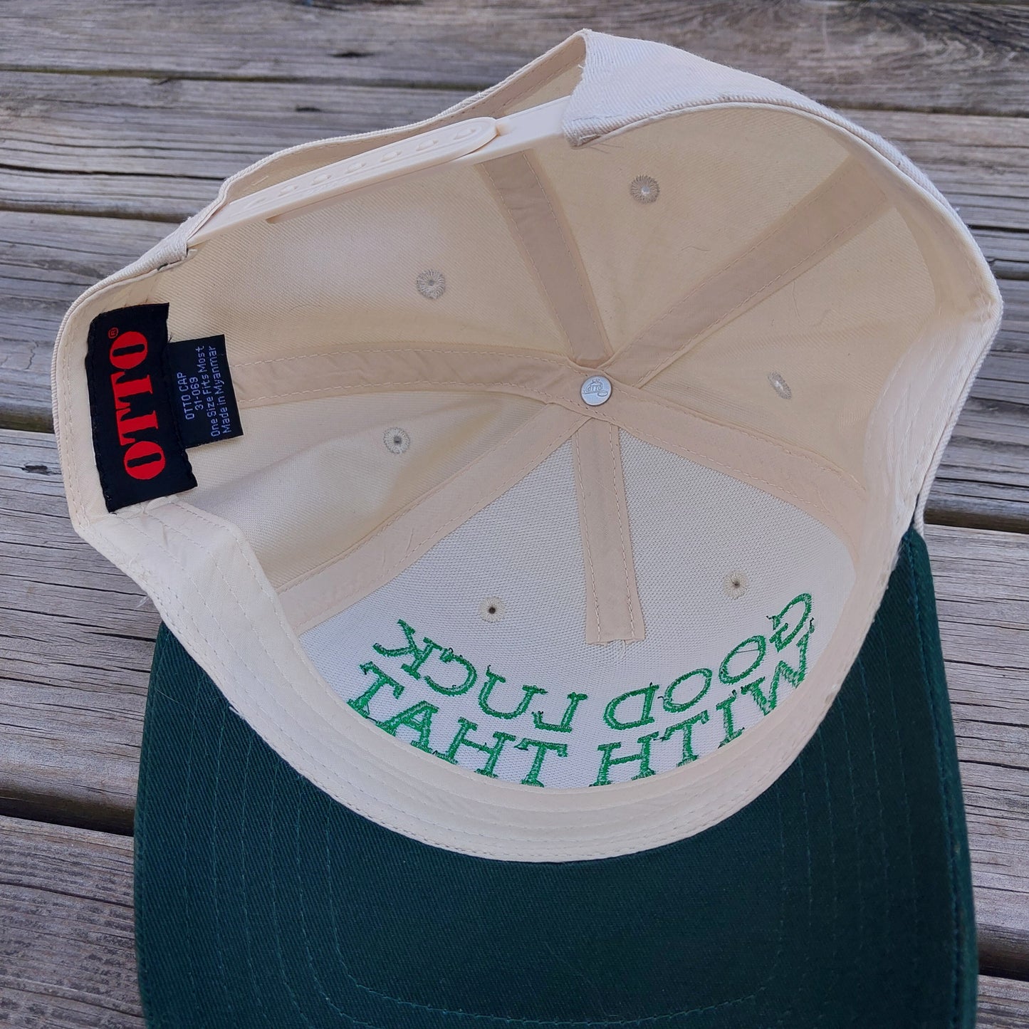 Good Luck With That embroidered on a two tone 5 panel hat under view