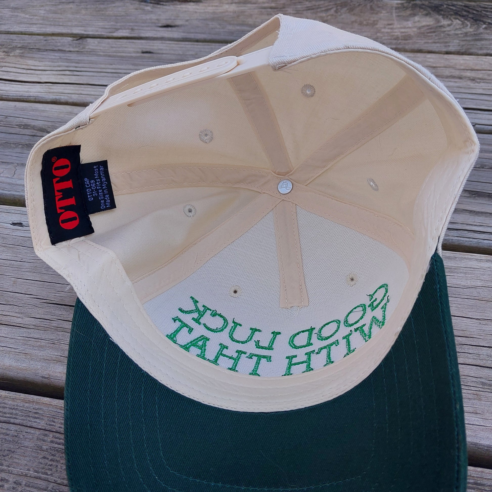 Good Luck With That embroidered on a two tone 5 panel hat under view