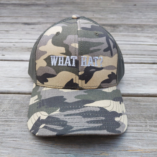 What Hat? embroidered on camo mesh trucker hat, front view